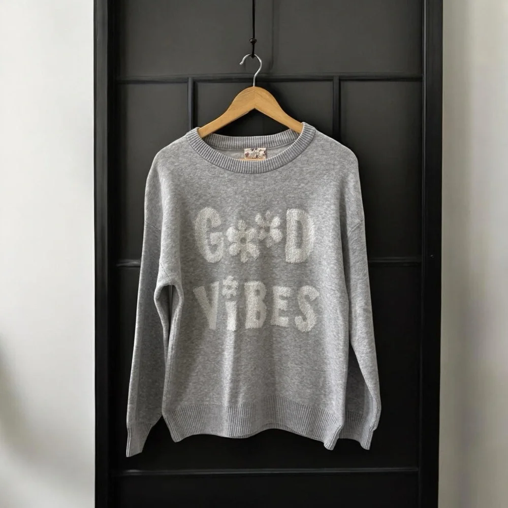NWT Hippie Rose Gray White Good Vibes Sweater! Medium! NEW! - Picture 9 of 9